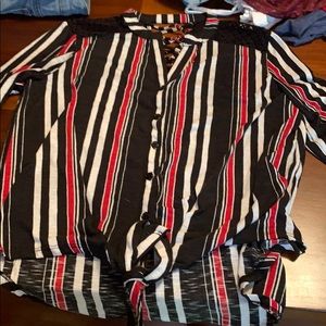 Red, black and white button up shirt